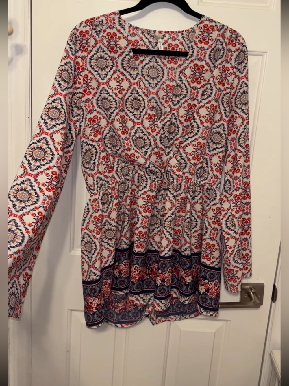 Red white and blue printed romper. Long sleeve. Breathable.